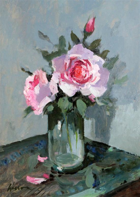 Edward Wesson (1910-1983) Pink roses in a glass vase, 15.5 x 11in.